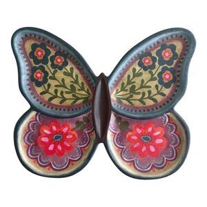 Natural Life Wooden Butterfly Tray Platter Colorful Hand Painted Flowers